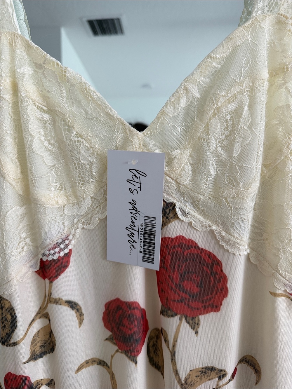 12th Tribe Cream Slip Dress with Red Rose Print and Lace - Picture 4 of 10